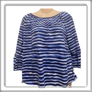 Michael Kors Shirt Top 3/4 Bell Sleeve Blue White Stripes Crew Neck Size Medium